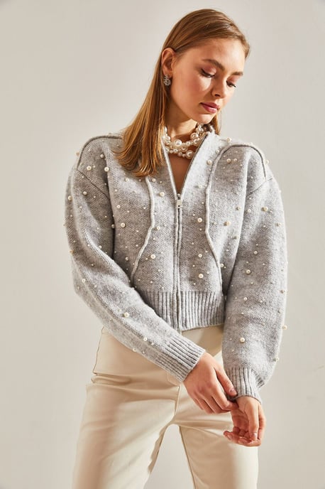 Perlenverzierten Reißverschluss-Crop-Cardigan - Image 2