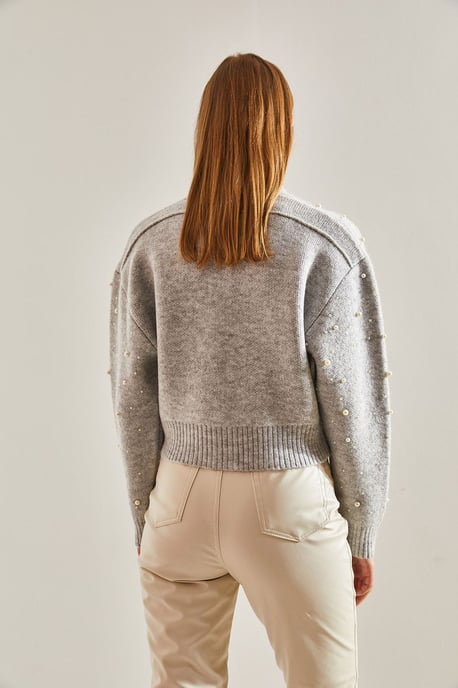 Perlenverzierten Reißverschluss-Crop-Cardigan - Image 3