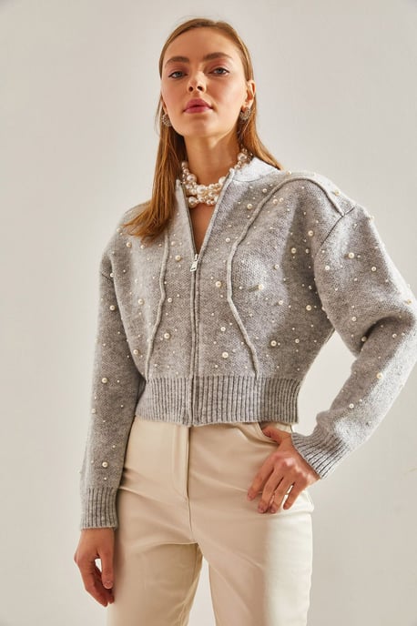 Perlenverzierten Reißverschluss-Crop-Cardigan - Image 4