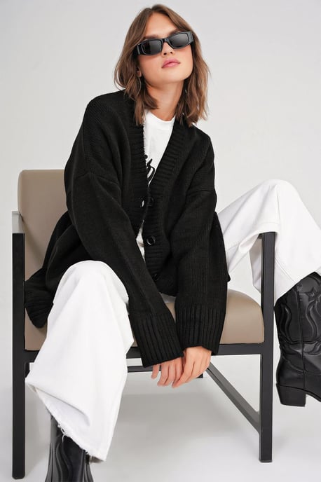 Knopf-Front V-Ausschnitt Rippstrick-Cardigan - Image 3