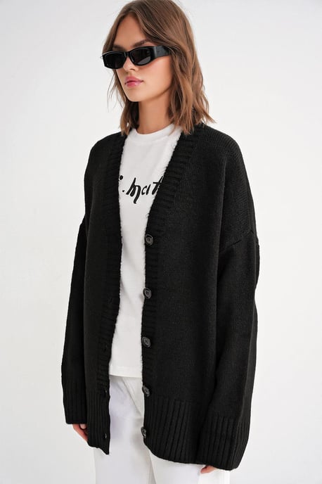 Knopf-Front V-Ausschnitt Rippstrick-Cardigan - Image 4