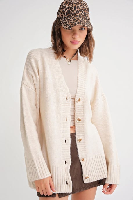 Knopf-V-Ausschnitt Rippstrickcardigan - Image 1