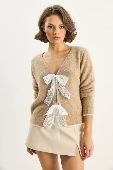 Strick-V-Ausschnitt-Cardigan mit Spitzenbindeschluss - Image 3