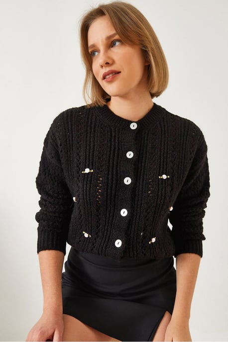 Bianco Lucci Strukturierte Strickjacke mit Knopfverschluss - Schwarz - Image 1