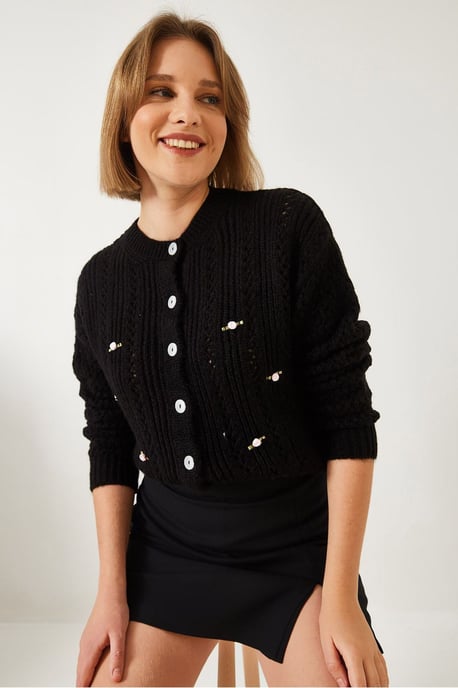 Bianco Lucci Strukturierte Strickjacke mit Knopfverschluss - Schwarz - Image 2