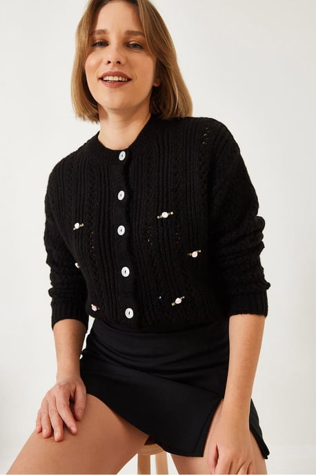 Bianco Lucci Strukturierte Strickjacke mit Knopfverschluss - Schwarz - Image 3