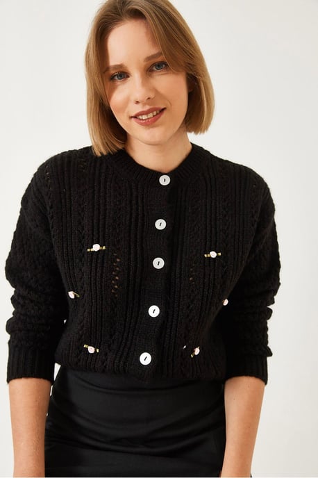 Bianco Lucci Strukturierte Strickjacke mit Knopfverschluss - Schwarz - Image 4