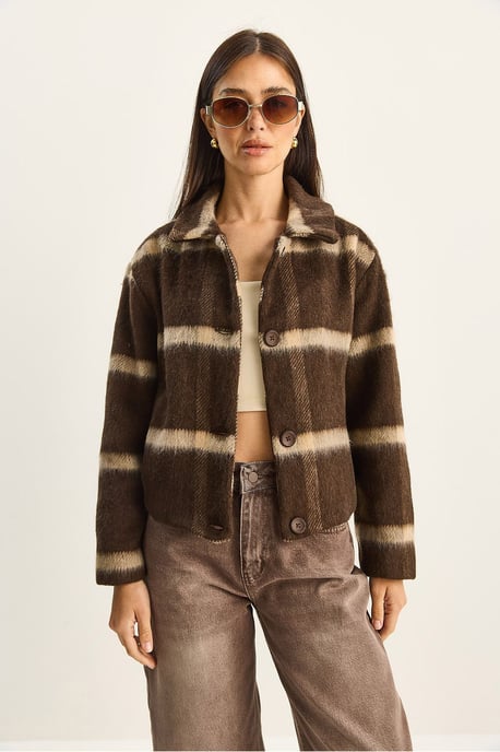 Bianco Lucci Gestreifte, strukturierte Jacke mit Knopfleiste, cropped Schnitt - Mehrfarbig - Image 2
