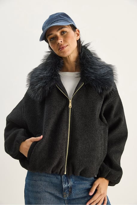 Oversized Reißverschlussjacke mit Fellkragen - Image 3