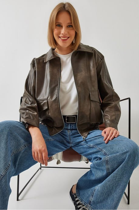 Faux-Leder Lockere Passform Jacke mit Hemdkragen - Image 1