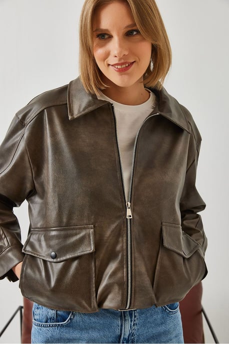 Faux-Leder Lockere Passform Jacke mit Hemdkragen - Image 3