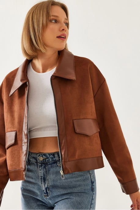 Kunstleder verkürzte Boxjacke mit Hemdkragen - Image 1