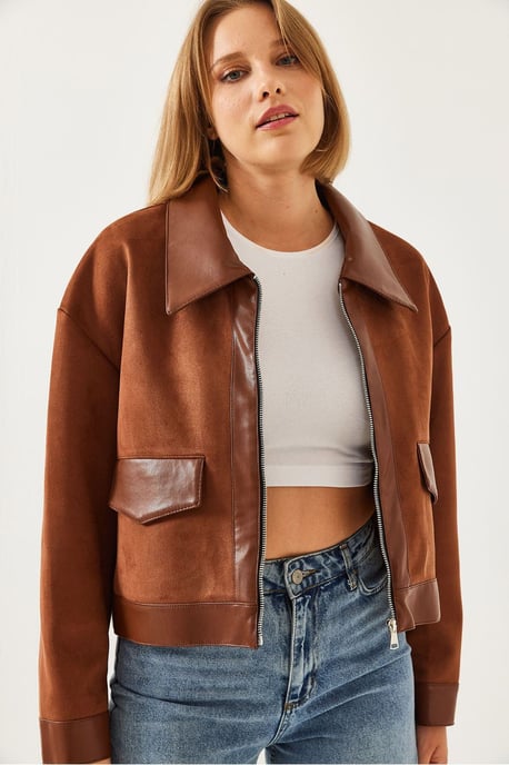 Kunstleder verkürzte Boxjacke mit Hemdkragen - Image 2
