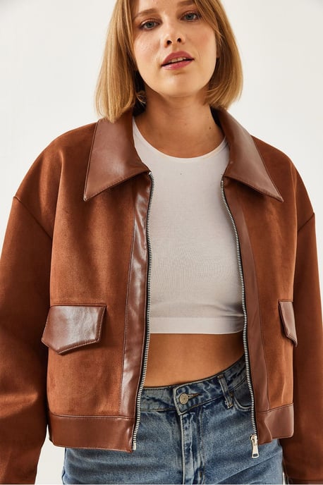 Kunstleder verkürzte Boxjacke mit Hemdkragen - Image 3