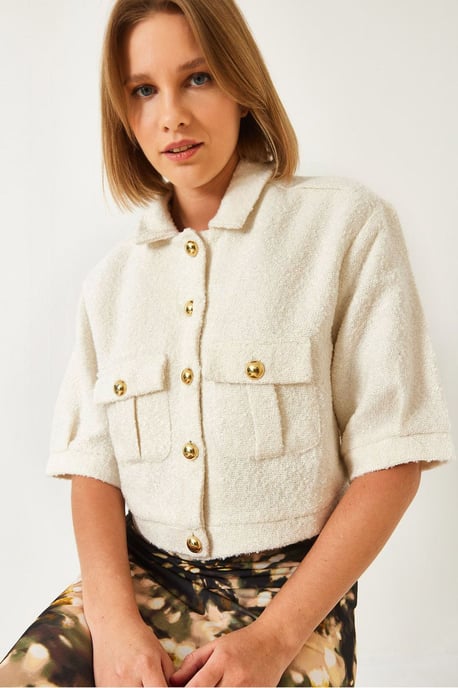 Gekürzte Plüschjacke mit Knöpfen und Hemdkragen - Image 1