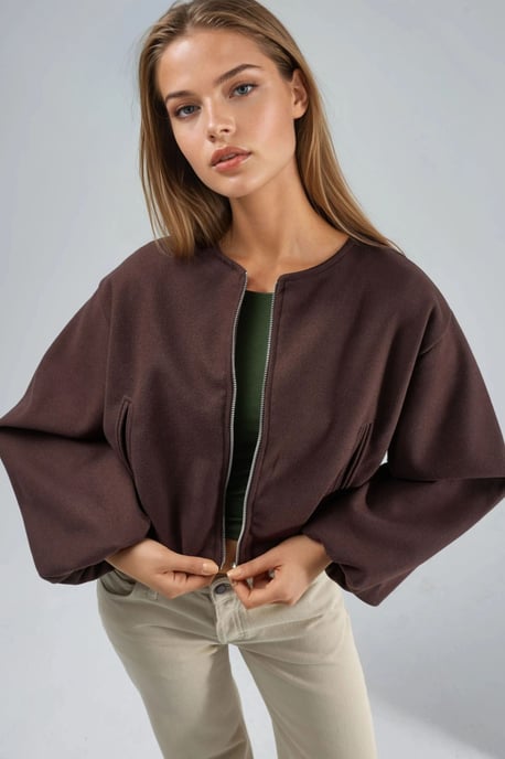 Crop-Gabardine-Jacke mit Reißverschluss und Tasche - Image 2