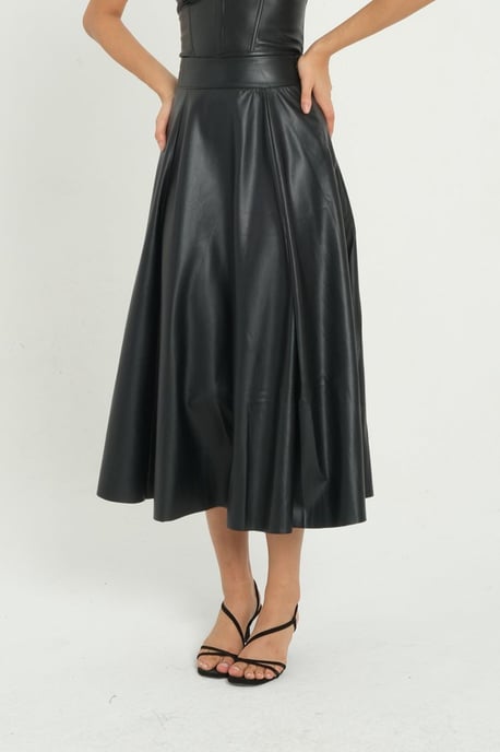 Kunstleder Hohe Taille Faltender Midi-Rock - Image 1