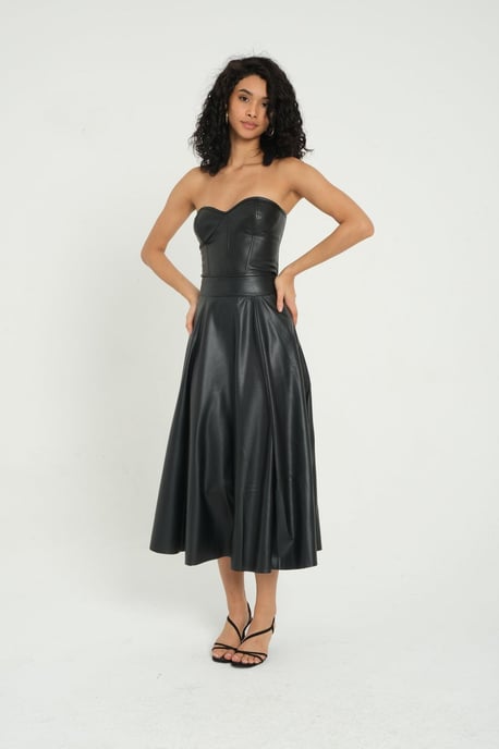 Kunstleder Hohe Taille Faltender Midi-Rock - Image 3
