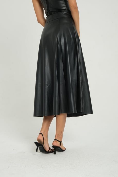 Kunstleder Hohe Taille Faltender Midi-Rock - Image 4