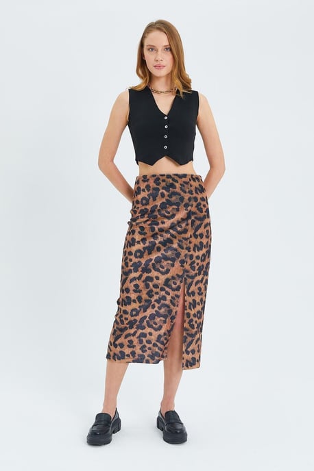 Leopardenmuster Hohe Taille Midi Rock mit Schlitz - Image 1