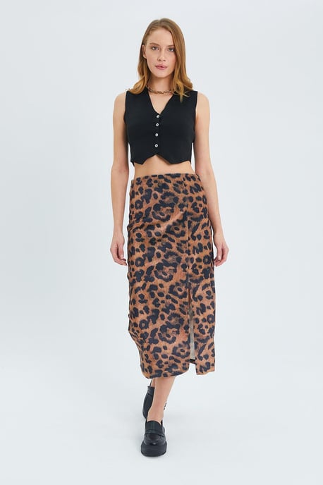 Leopardenmuster Hohe Taille Midi Rock mit Schlitz - Image 2