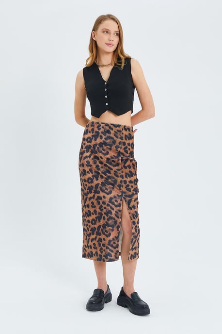 Leopardenmuster Hohe Taille Midi Rock mit Schlitz - Image 3