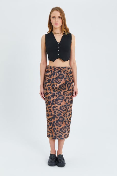 Leopardenmuster Hohe Taille Midi Rock mit Schlitz - Image 5