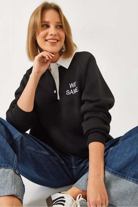 Bianco Lucci Besticktes Sweatshirt mit Polokragen und langen Ärmeln - Schwarz - Image 1
