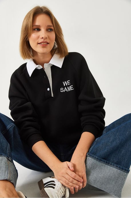 Bianco Lucci Besticktes Sweatshirt mit Polokragen und langen Ärmeln - Schwarz - Image 2