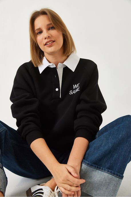 Bianco Lucci Besticktes Sweatshirt mit Polokragen und langen Ärmeln - Schwarz - Image 3