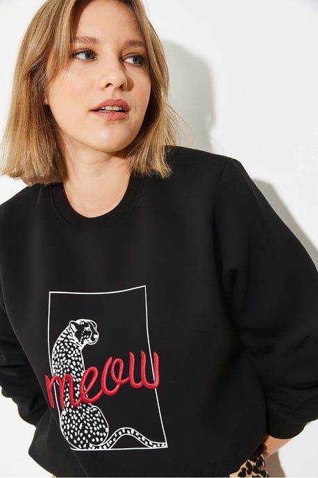 Leopardenmuster bestickter Rundhalsausschnitt Sweatshirt - Image 2
