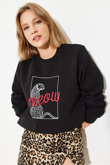 Leopardenmuster bestickter Rundhalsausschnitt Sweatshirt - Image 3