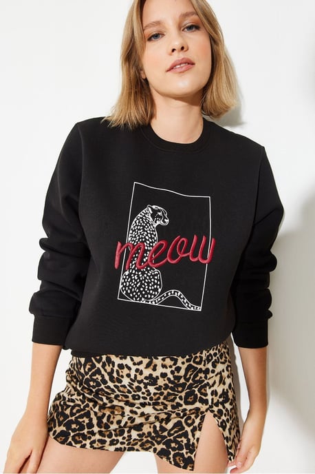 Leopardenmuster bestickter Rundhalsausschnitt Sweatshirt - Image 4