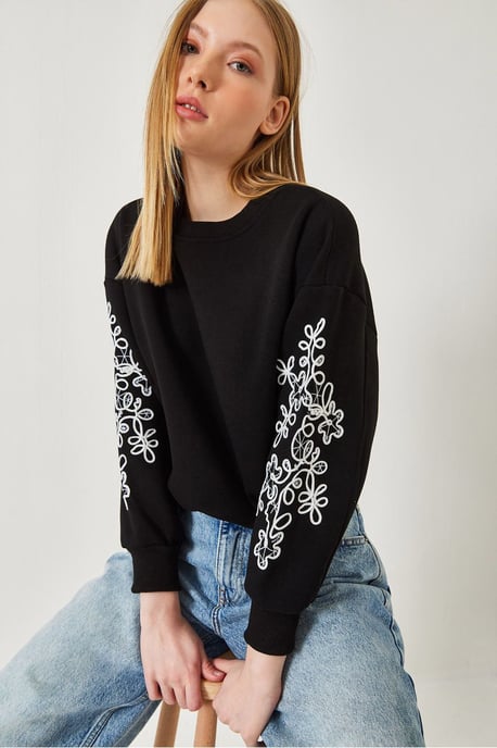Gestickter Rundhalsausschnitt Langarm-Sweatshirt - Image 1