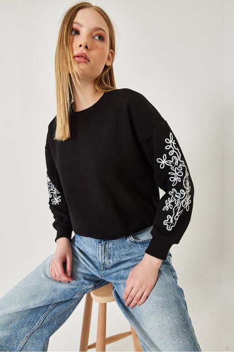 Gestickter Rundhalsausschnitt Langarm-Sweatshirt - Image 2