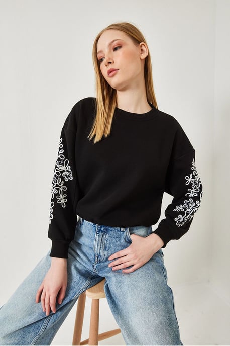 Gestickter Rundhalsausschnitt Langarm-Sweatshirt - Image 3