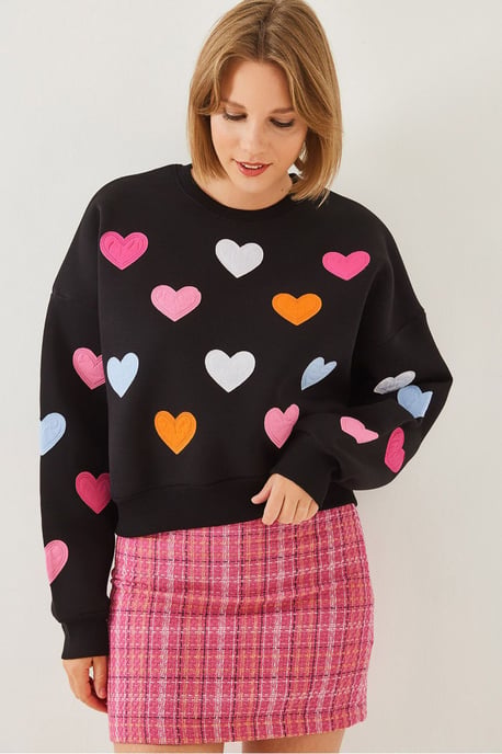 Bestickter Herzmuster Rundhals-Sweatshirt - Image 3