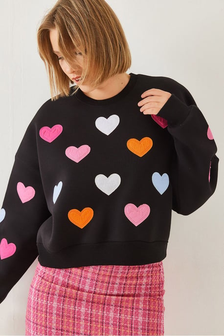 Bestickter Herzmuster Rundhals-Sweatshirt - Image 4