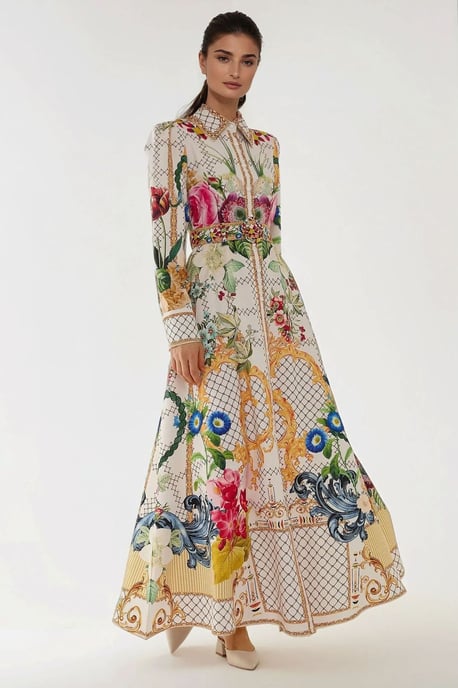 Bedrucktes Maxi-Kleid mit langen Ärmeln und Gürtel - Image 1