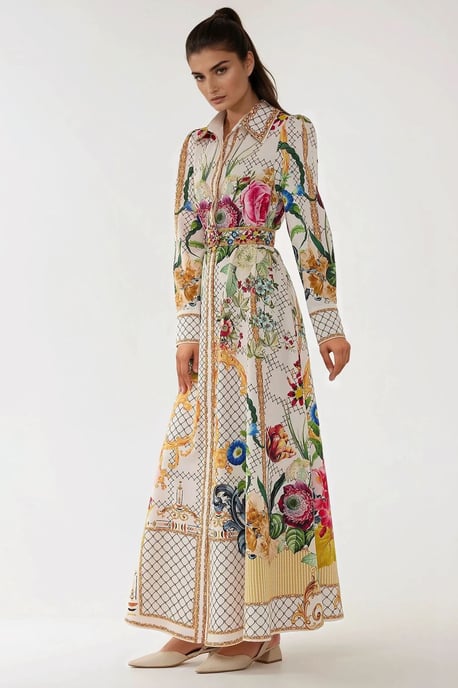 Bedrucktes Maxi-Kleid mit langen Ärmeln und Gürtel - Image 5