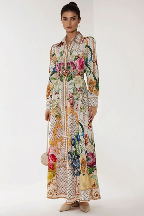 Bedrucktes Maxi-Kleid mit langen Ärmeln und Gürtel - Image 6
