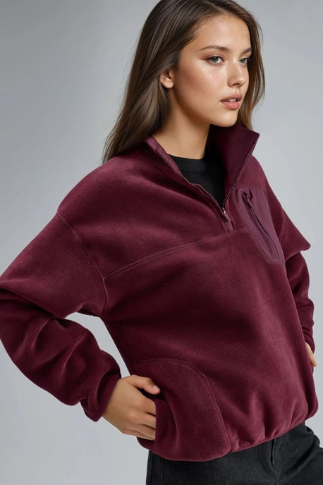 Reißverschluss-Kragen Plüschstrick-Sweatshirt mit Tasche - Image 3