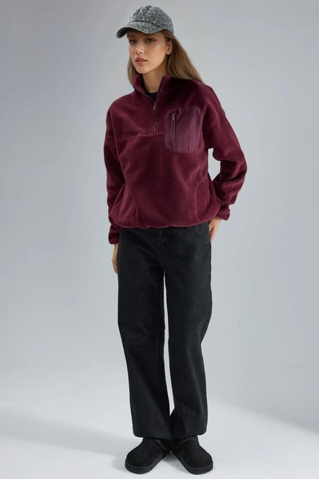 Reißverschluss-Kragen Plüschstrick-Sweatshirt mit Tasche - Image 4