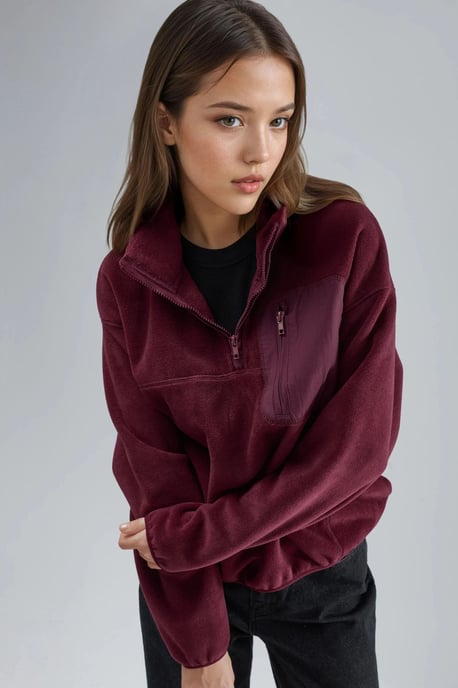 Reißverschluss-Kragen Plüschstrick-Sweatshirt mit Tasche - Image 5
