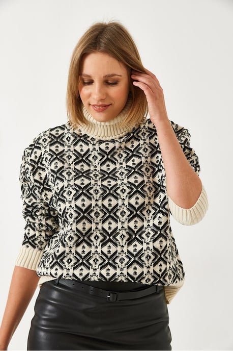 Geometrischer Strick-Crop-Pullover mit Rollkragen - Image 2