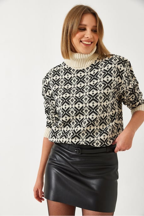 Geometrischer Strick-Crop-Pullover mit Rollkragen - Image 6