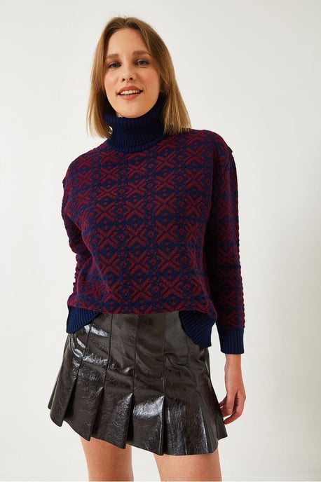 Geometrischer Strick-Crop-Pullover mit Rollkragen - Image 2