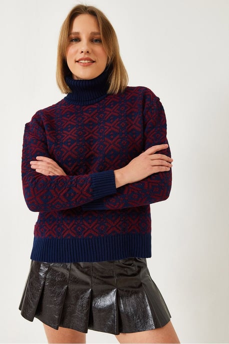 Geometrischer Strick-Crop-Pullover mit Rollkragen - Image 3