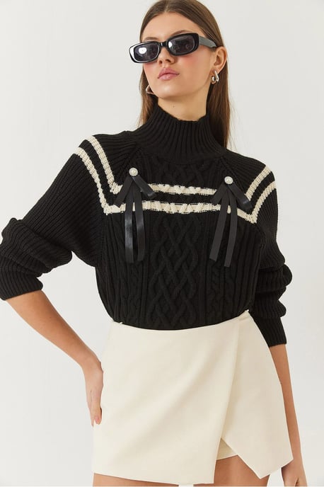 Rollkragen Baklava Strickpullover mit Ripsband-Detail - Image 2