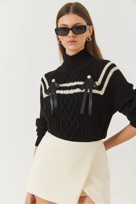 Rollkragen Baklava Strickpullover mit Ripsband-Detail - Image 3